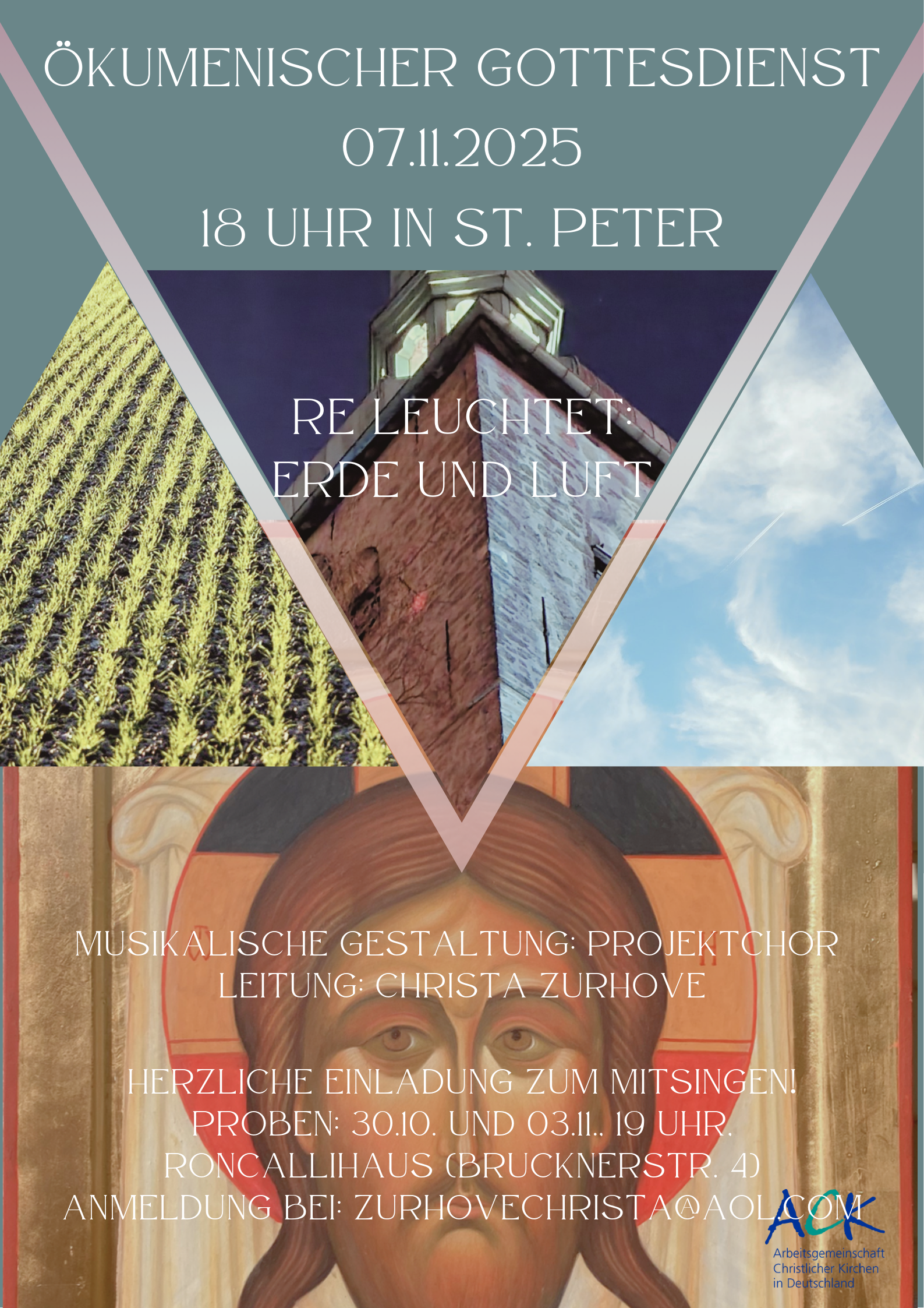 Auf dem Bild sieht man Ikone Jesus und St. Peterkirche zu Recklinghausen leutet , Pfanzenfeld und Himmel  Einladang zum Ökumenischen Gottesdienst am 07.11.2025 um 18 Uhr in St. Peter, Kirchplatz 4 in Recklinghausen