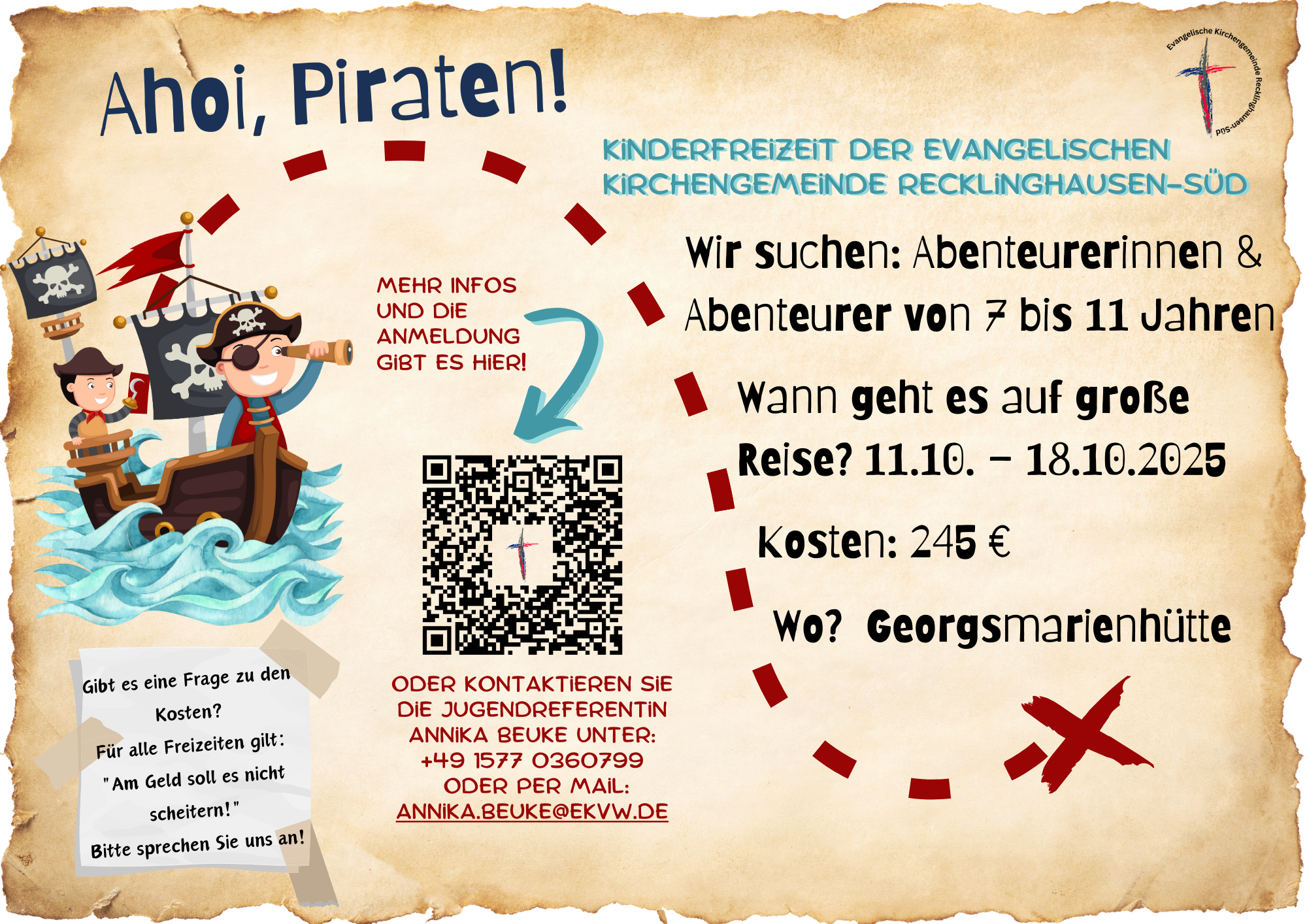 Es ist ein hellbrauner Flyer auf dem ein Priat mit Schiff abgebildet ist und die Einladung zur Herbst-Kinderfreizeit zu sehen.