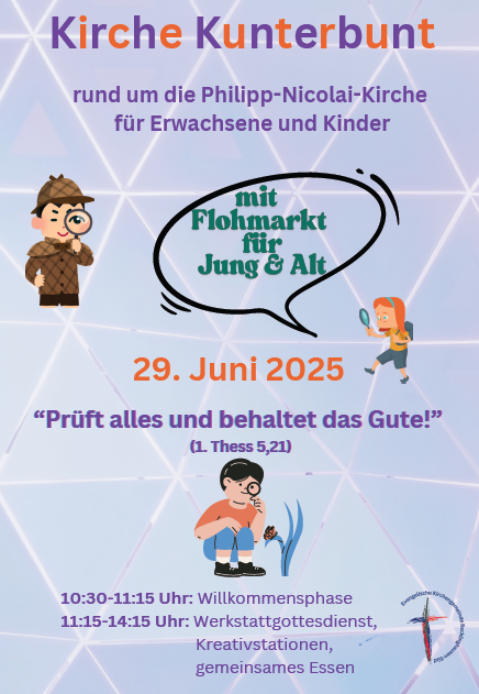 Es ist ein bunter helblau und helllila gestaltetes Flyer mit der  Einladung zur Kirche Kunterbund am 29.06.2025 um 10:30 zu sehen.
