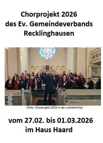 Auf dem Foto ist Flyer zum Chorprojekt 2026  und  einem Foto von Sängerinnen und Sänger zu sehen